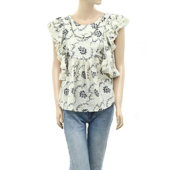 Sea New York Tatiana Ruffle Blouse Top Printed Lace Flutter Sleeve XS - Picture 1 of 4